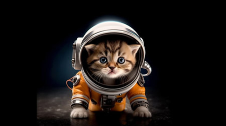 Cute little kitten in space suit and helmet. Space travel concept.の素材
