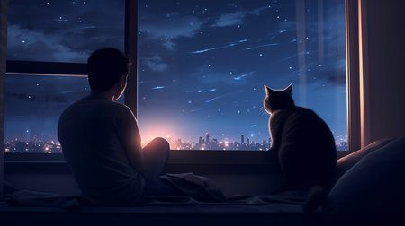 Couple sitting on the windowsill and looking at the night cityの素材
