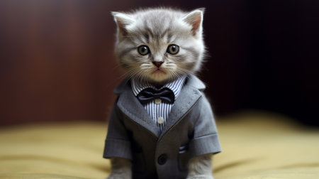 British kitten in a suit and bow tie on a black background.の素材