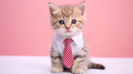 Cute tabby kitten with a tie on a pink background.の素材