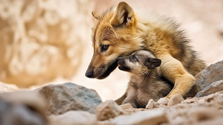Portrait of a mother and her baby fox in the zoo.の素材
