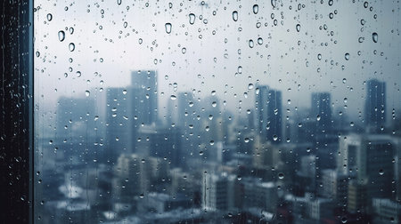 Rain drops on window glass with cityscape in background, rainy weather conceptの素材