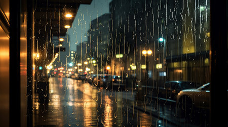Rain drops on the window with city lights blurred background. Rainy day concept.の素材