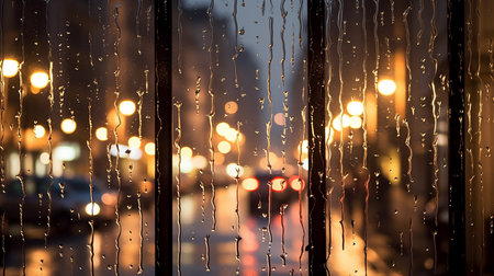 Rain drops on the window with city lights blurred background. Rainy day concept.の素材