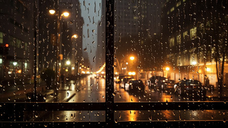 Rain drops on the window with city lights blurred background. Rainy day concept.の素材
