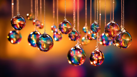 Colorful water drops of oil with reflection on black background. Macro shot.の素材