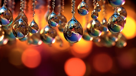 Colorful water drops of oil with reflection on black background. Macro shot.の素材