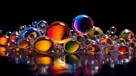 Abstract scene with colorful transparent bubbles on black background, macro photographyの素材
