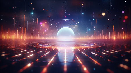 Futuristic background with neon lights. Sci-fi landscape with neon lights. Futuristic portal to the future.の素材