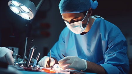 Surgeon at work in operating room. Preparation for the beginning of surgical operation. Toned in blueの素材