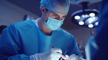 Surgeon at work in operating room. Preparation for the beginning of surgical operation. Toned in blueの素材