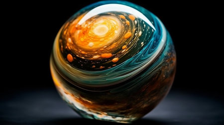 Colorful abstract sphere like a planet in a glass ball on a black backgroundの素材