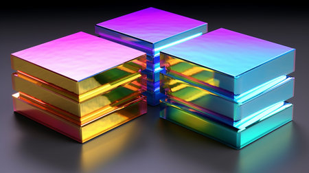 Illustration of shiny metallic sheets or blocks over black background in neon shadesの素材