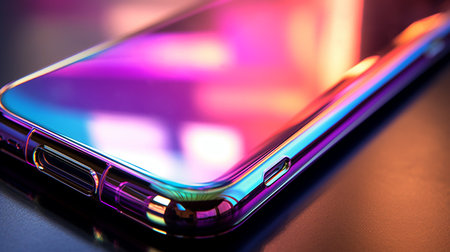Illustration of shiny metallic phone over colorful background in neon shadesの素材