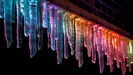 Colorful icicles hanging on the wall in a cold winter day.の素材