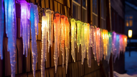 Colorful icicles hanging on the wall in a cold winter day.の素材