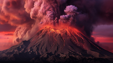 Illustration of a volcanic eruption with lava flowing down the slopes.の素材