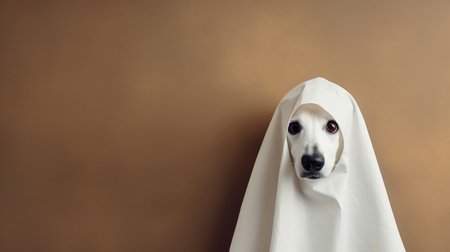 Cute dog wrapped in a sheet wearing a ghost costume on a minimalistic background. Halloween concept.の素材