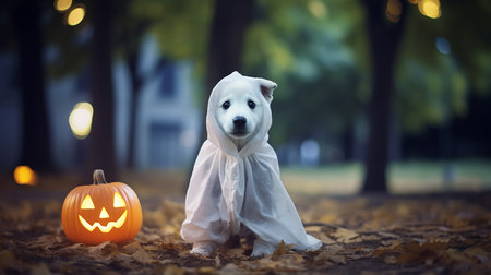 Cute dog with ghost costume in autumn park. Puppy in a ghost costume. Halloween concept.の素材