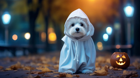 Cute dog with ghost costume in autumn park. Puppy in a ghost costume. Halloween concept.の素材