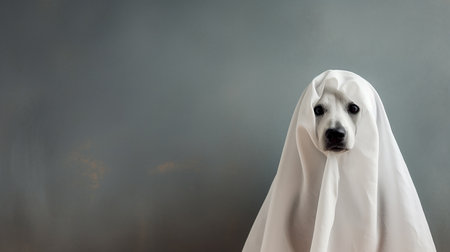 Cute dog wrapped in a sheet wearing a ghost costume on a minimalistic background. Halloween concept.の素材