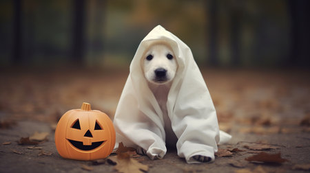 Cute dog with ghost costume in autumn park. Puppy in a ghost costume. Halloween concept.の素材