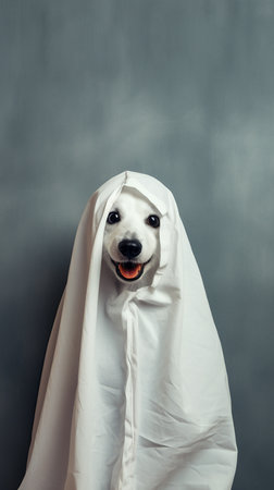 Cute dog wrapped in a sheet wearing a ghost costume on a minimalistic background. Halloween concept.の素材