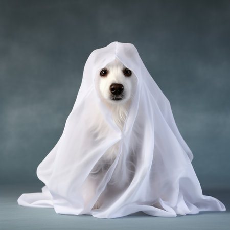 Cute dog wrapped in a sheet wearing a ghost costume on a minimalistic background. Halloween concept.の素材