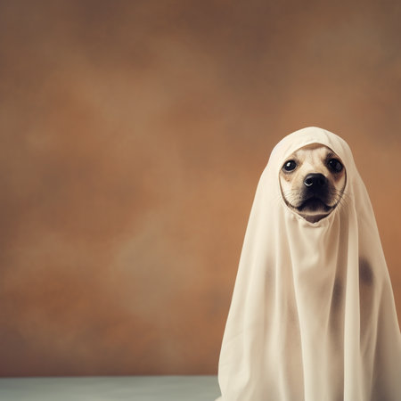 Cute dog wrapped in a sheet wearing a ghost costume on a minimalistic background. Halloween concept.の素材