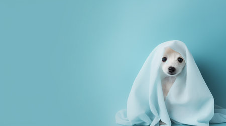 Cute dog wrapped in a sheet wearing a ghost costume on a minimalistic background. Halloween concept.の素材