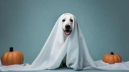 Cute dog wrapped in a sheet wearing a ghost costume on a minimalistic background. Halloween concept.の素材