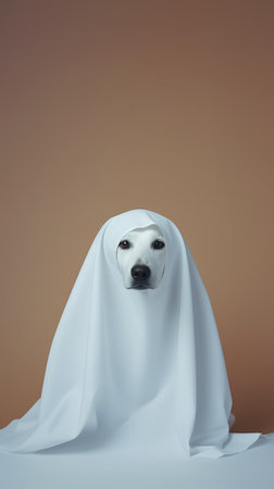 Cute dog wrapped in a sheet wearing a ghost costume on a minimalistic background. Halloween concept.の素材