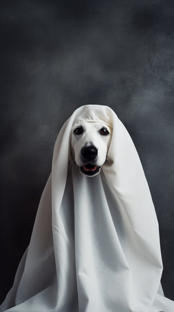 Cute dog wrapped in a sheet wearing a ghost costume on a minimalistic background. Halloween concept.の素材