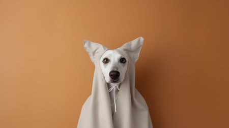 Cute dog wrapped in a sheet wearing a ghost costume on a minimalistic background. Halloween concept.の素材