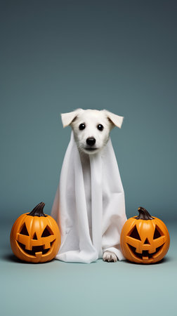 Cute dog wrapped in a sheet wearing a ghost costume on a minimalistic background. Halloween concept.の素材