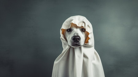 Cute dog wrapped in a sheet wearing a ghost costume on a minimalistic background. Halloween concept.の素材