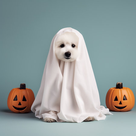 Cute dog wrapped in a sheet wearing a ghost costume on a minimalistic background. Halloween concept.の素材