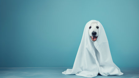 Cute dog wrapped in a sheet wearing a ghost costume on a minimalistic background. Halloween concept.の素材