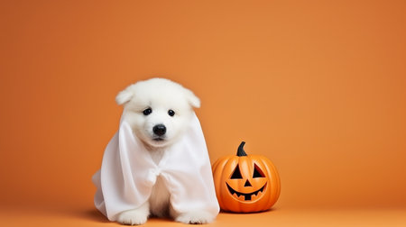 Cute dog wrapped in a sheet wearing a ghost costume on a minimalistic background. Halloween concept.の素材