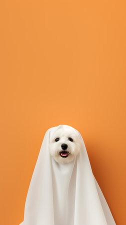 Cute dog wrapped in a sheet wearing a ghost costume on a minimalistic background. Halloween concept.の素材