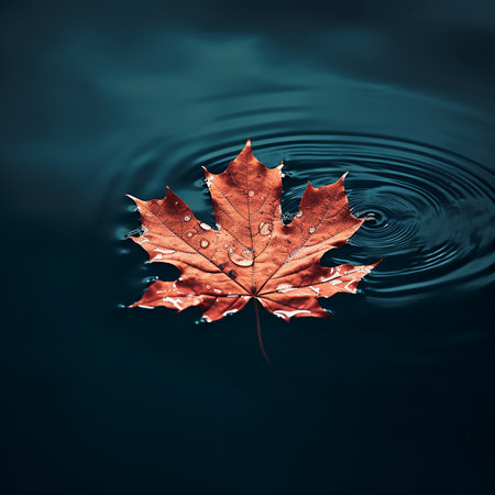Autumn maple leaf on water surface with ripples. Copy space.の素材