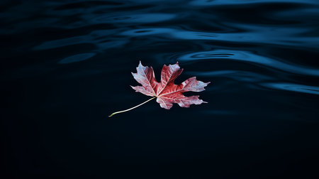 Autumn maple leaf on water surface with ripples. Copy space.の素材