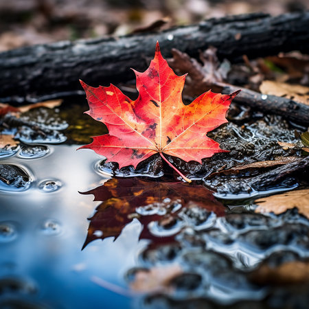 Maple leaf in a puddle. Autumn background. Selective focus.の素材