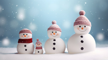 Snowman family on light background. Copy spaceの素材