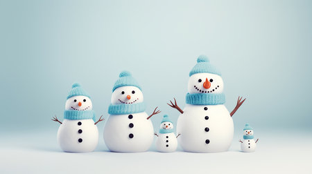 Snowman family on light background. Copy spaceの素材