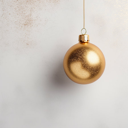 Golden Christmas ball on pastel background. Flat lay, top view with copy spaceの素材