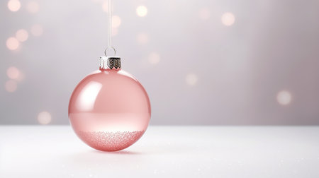 Pink Christmas ball on pastel background. Flat lay, top view with copy spaceの素材