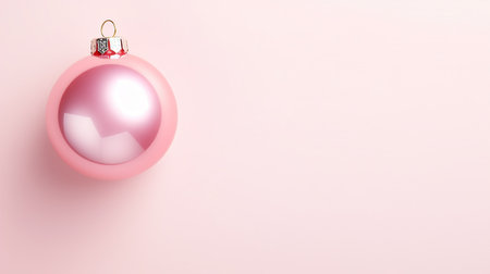 Pink Christmas ball on pastel background. Flat lay, top view with copy spaceの素材