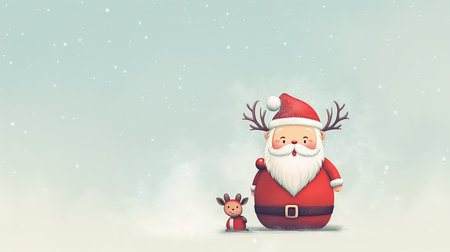 Cute Santa Claus with reindeer on minimalist background with copy space. Merry Christmas and Happy New Year. Christmas greeting card.の素材