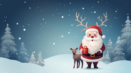Cute Santa Claus with reindeer on minimalist background with copy space. Merry Christmas and Happy New Year. Christmas greeting card.の素材